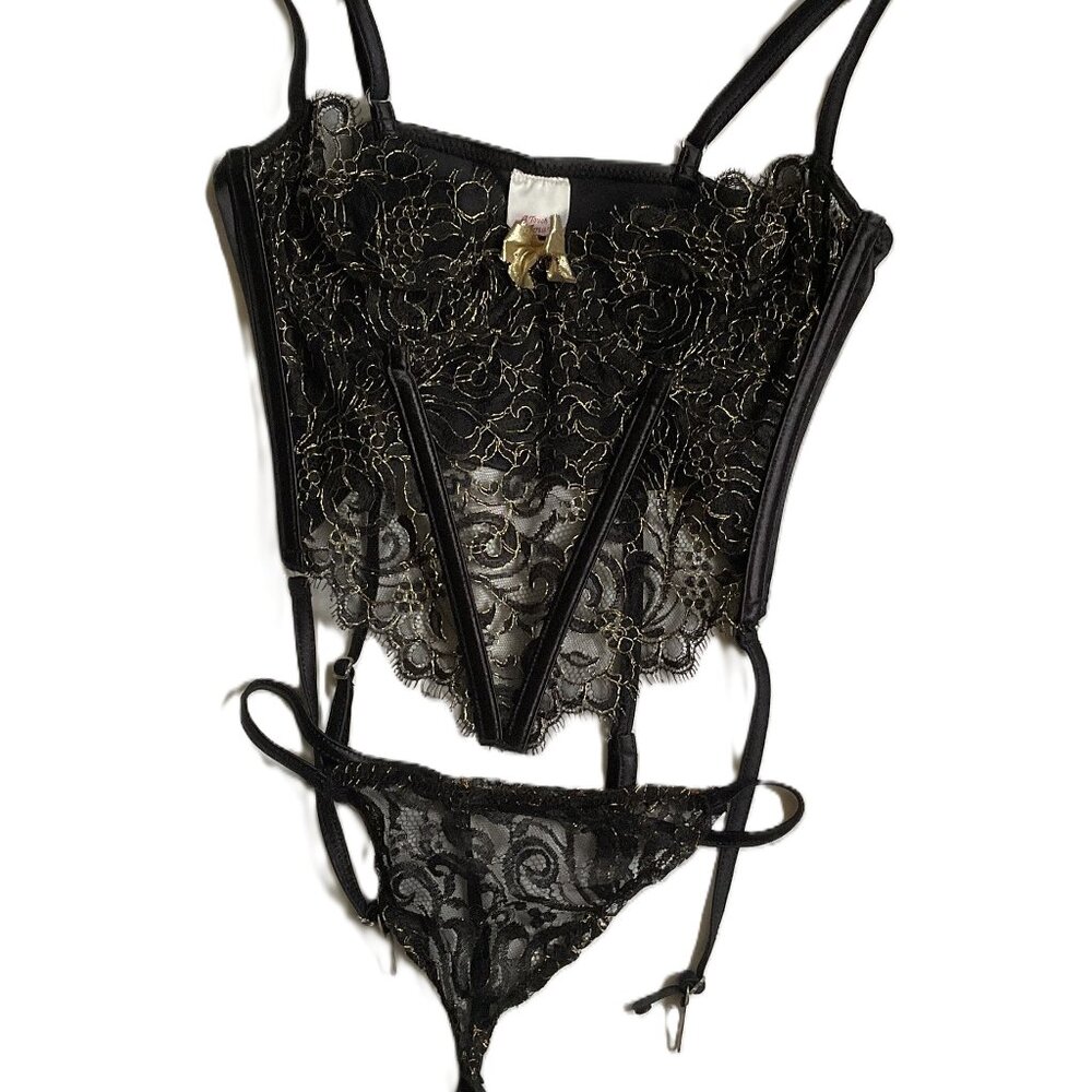 A Touch of Romance black and gold lace thong and bustier garter set